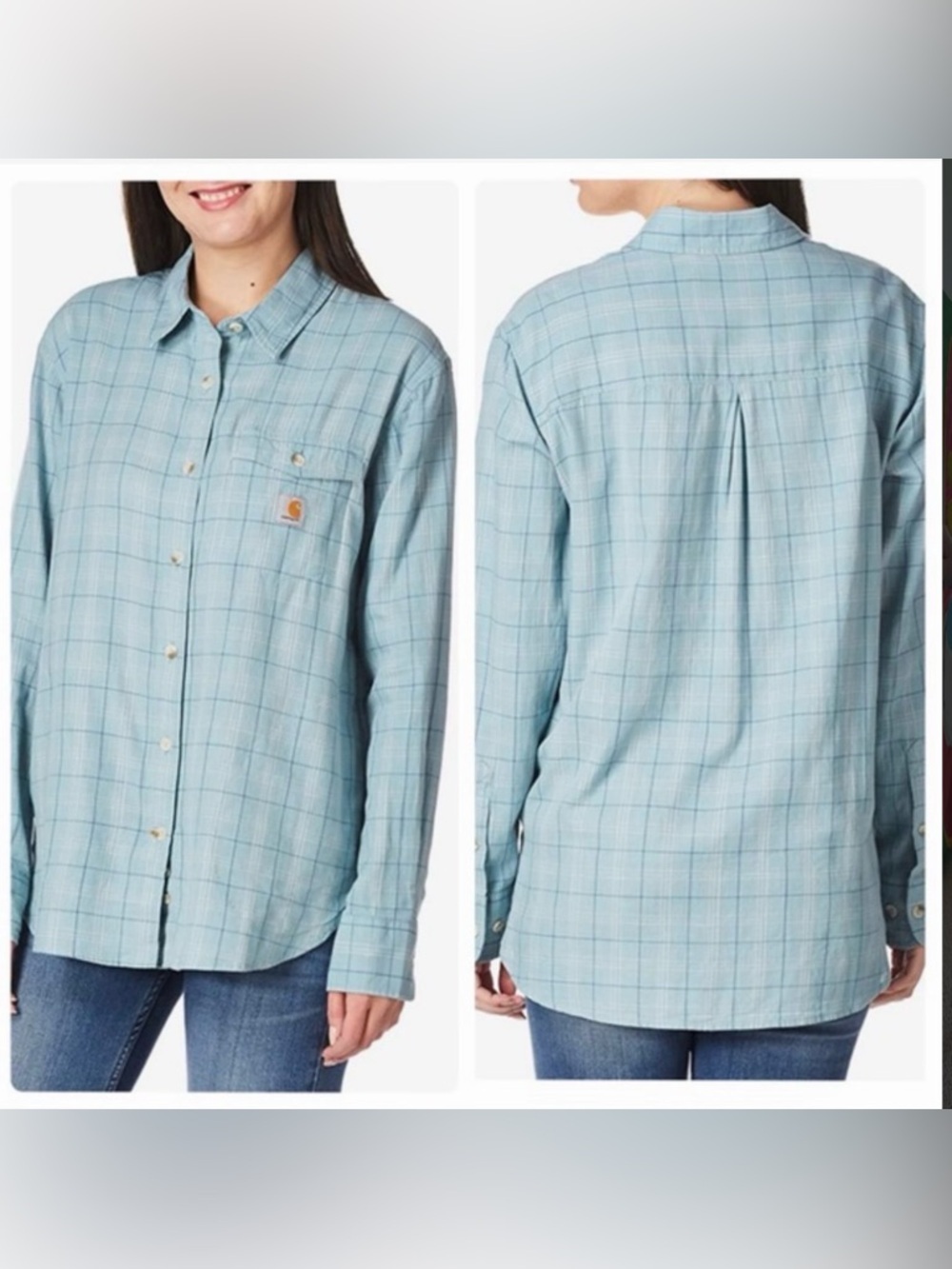 Carhartt Blue Plaid Button-Up Shirt Loose Fit 100% Cotton Size Small EUC